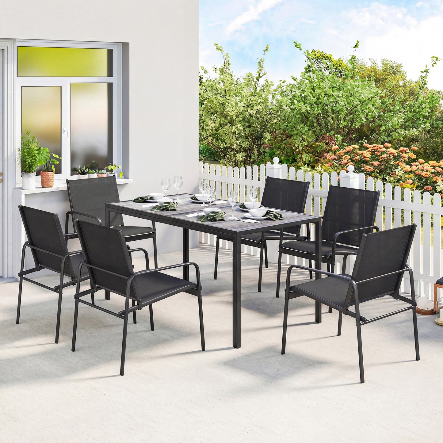 Outdoor Dining Set for 6, Faux Wood Patio Table and Chairs with Breathable Mesh Seat, Galvanized Steel Frame, Black