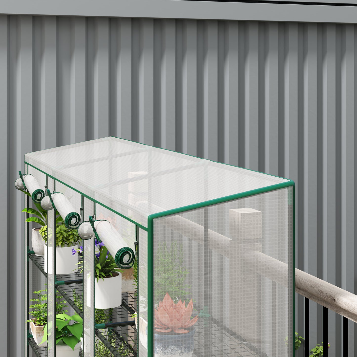 Lean-to Greenhouse with 3 Tier Shelves, Mini Greenhouse with 3 Roll-Up Doors for Indoor Outdoor, White