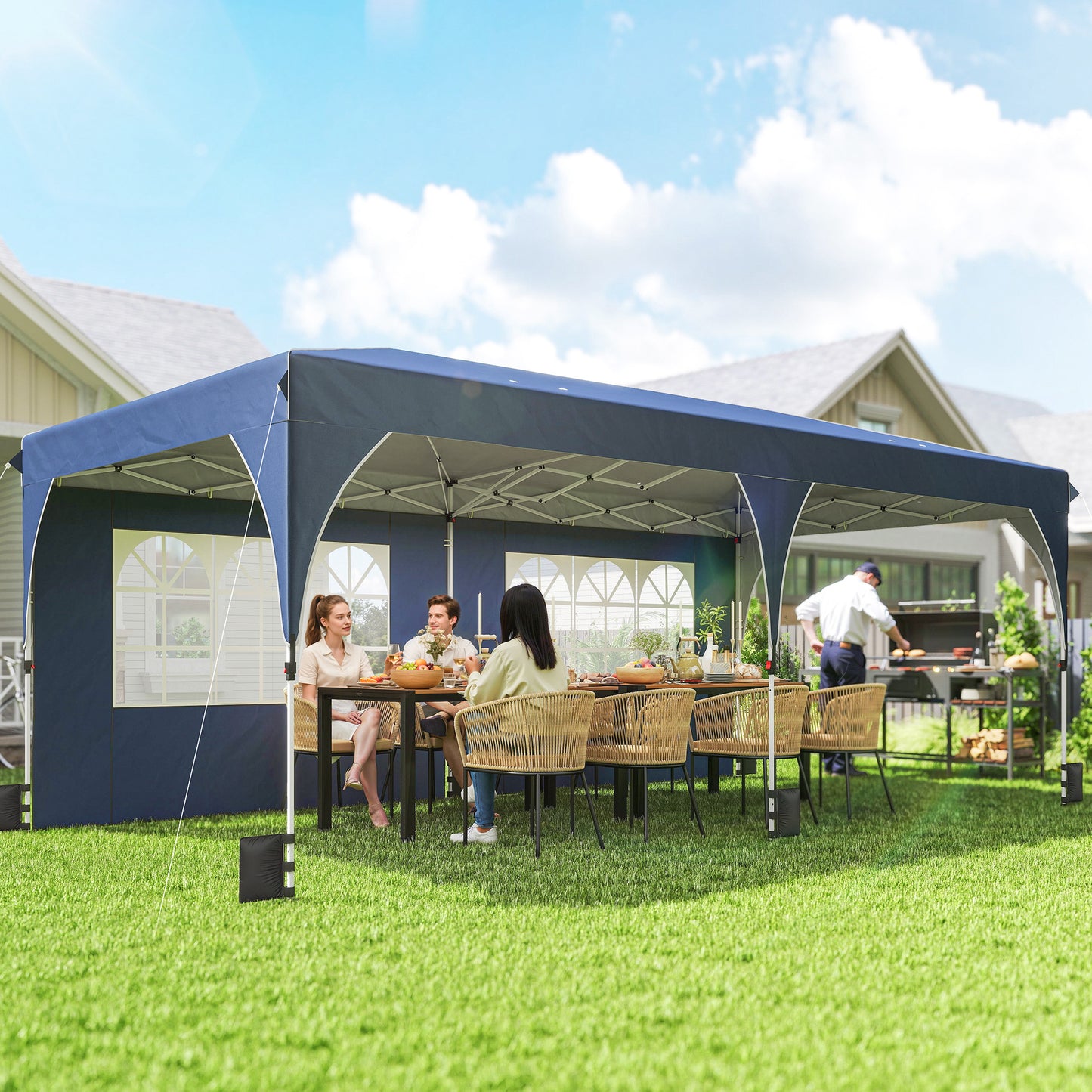 10 x 20 ft Pop Up Canopy Tent with Reflective Strips, UPF 50+ Easy up Instant Canopy with 6 Sandbags, Dark Blue
