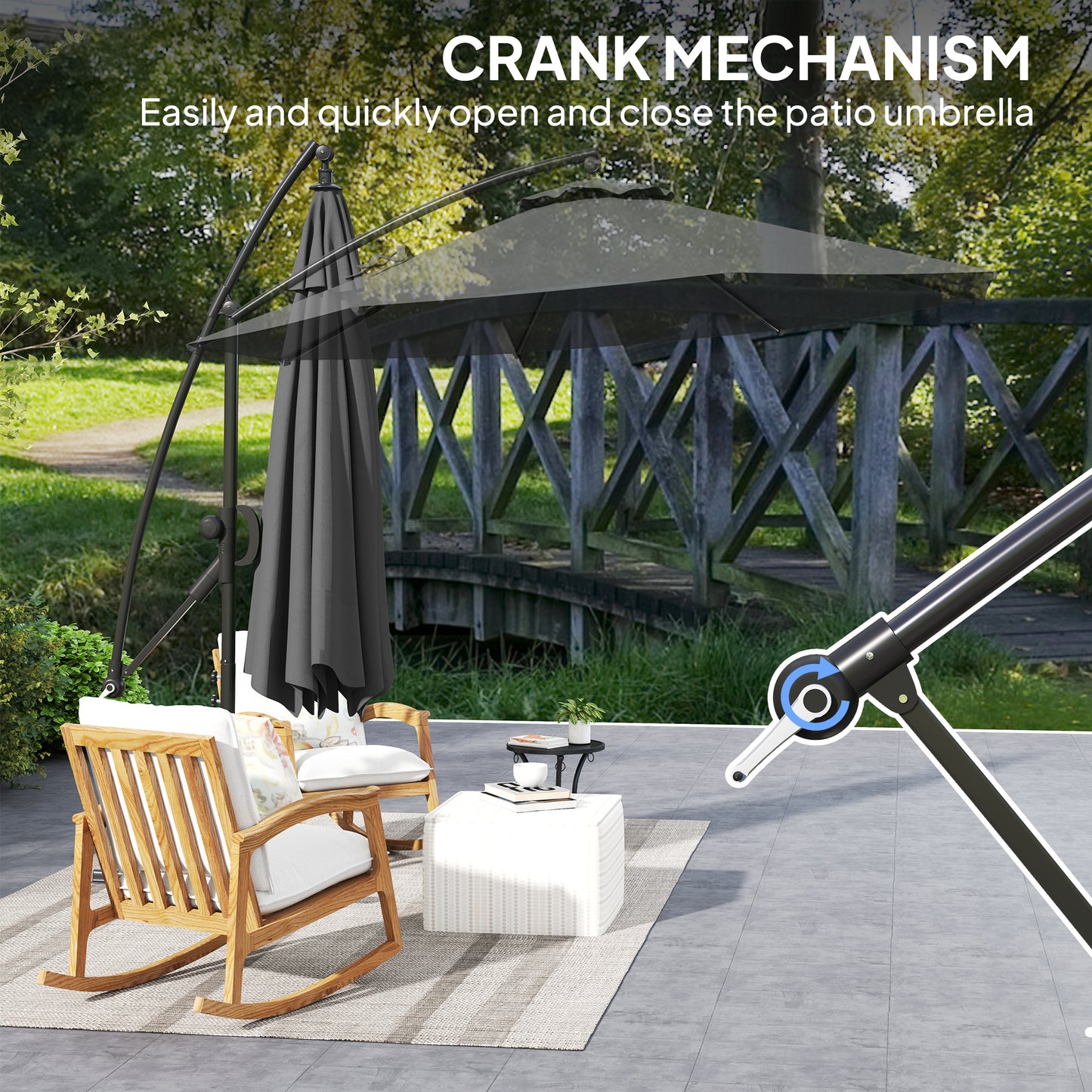 118.1" Patio Offset Umbrella with Cover and Wind Protection Strap,with Crank Handle and Tilt, UPF50+, Grey