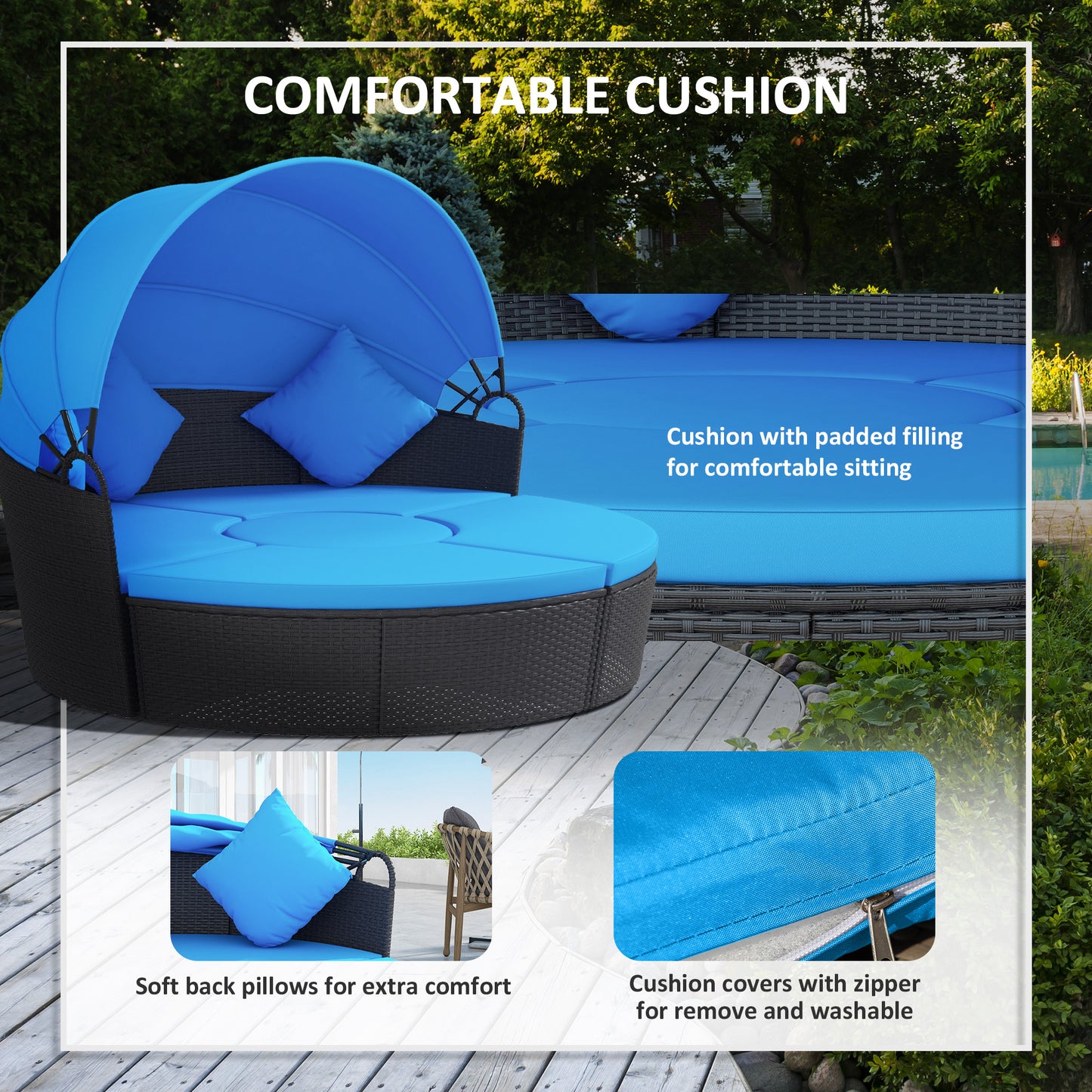 4 Pieces Outdoor Daybed with Retractable Canopy, Wicker Lounger Bed, Conversation Furniture Set, Dark Blue