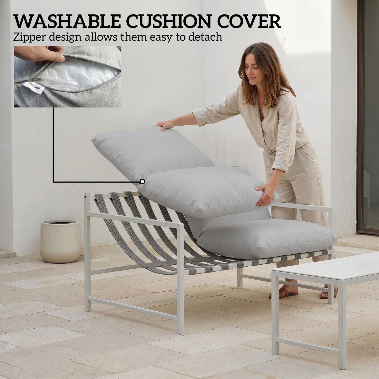 2 Piece Patio Furniture Set, Outdoor Loveseat Sofa Set with Thick Cushions and Coffee Table for Porch Garden, Light Grey