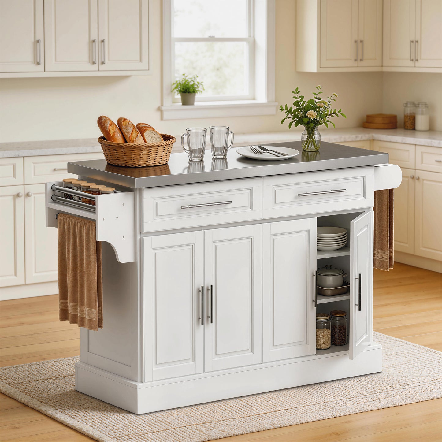 Rolling Kitchen Island with Storage and Stainless Steel Top, Kitchen Trolley with Drawers, Cabinets, Towel Rack