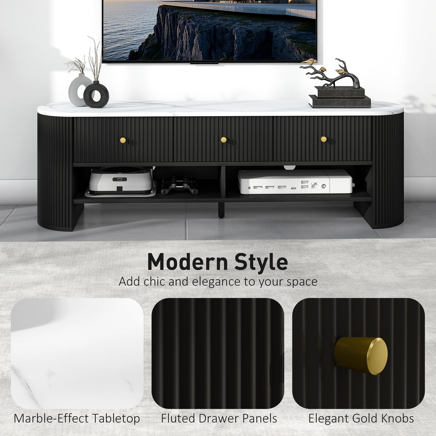 TV Stand, Modern TV Table with Marble-Effect Top, 3 Drawers and 2 Open Shelves for 32-65 Inch Television, Black
