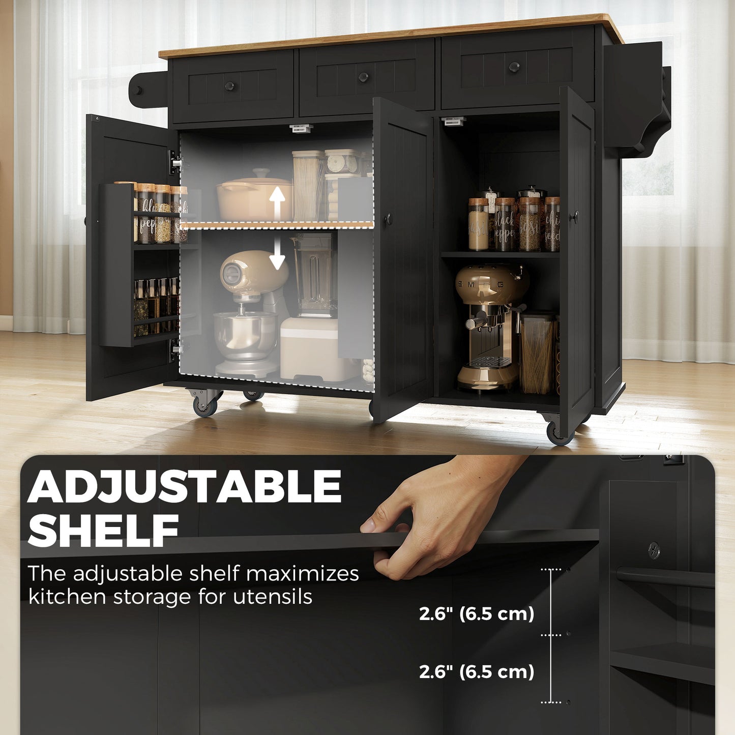Kitchen Island on Wheels with Drop Leaf, Charging Station, Rolling Kitchen Cart with Wood Top, Adjustable Shelf, Black