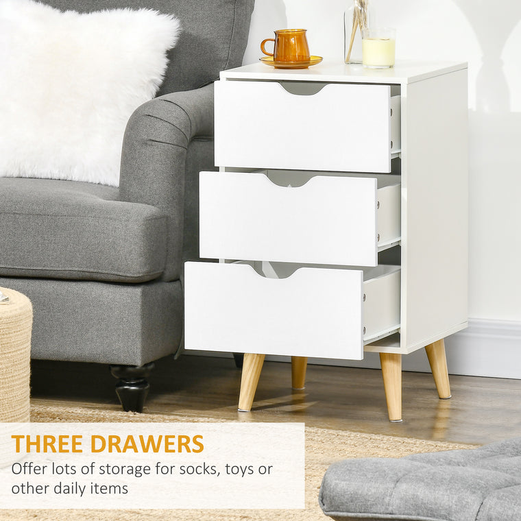3-Drawer Nightstand with Wood Legs - White