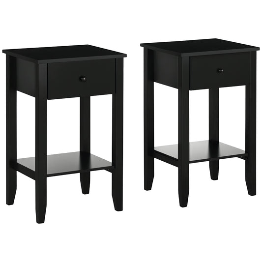 2-Tier End Tables Set of 2 with Drawer - Black