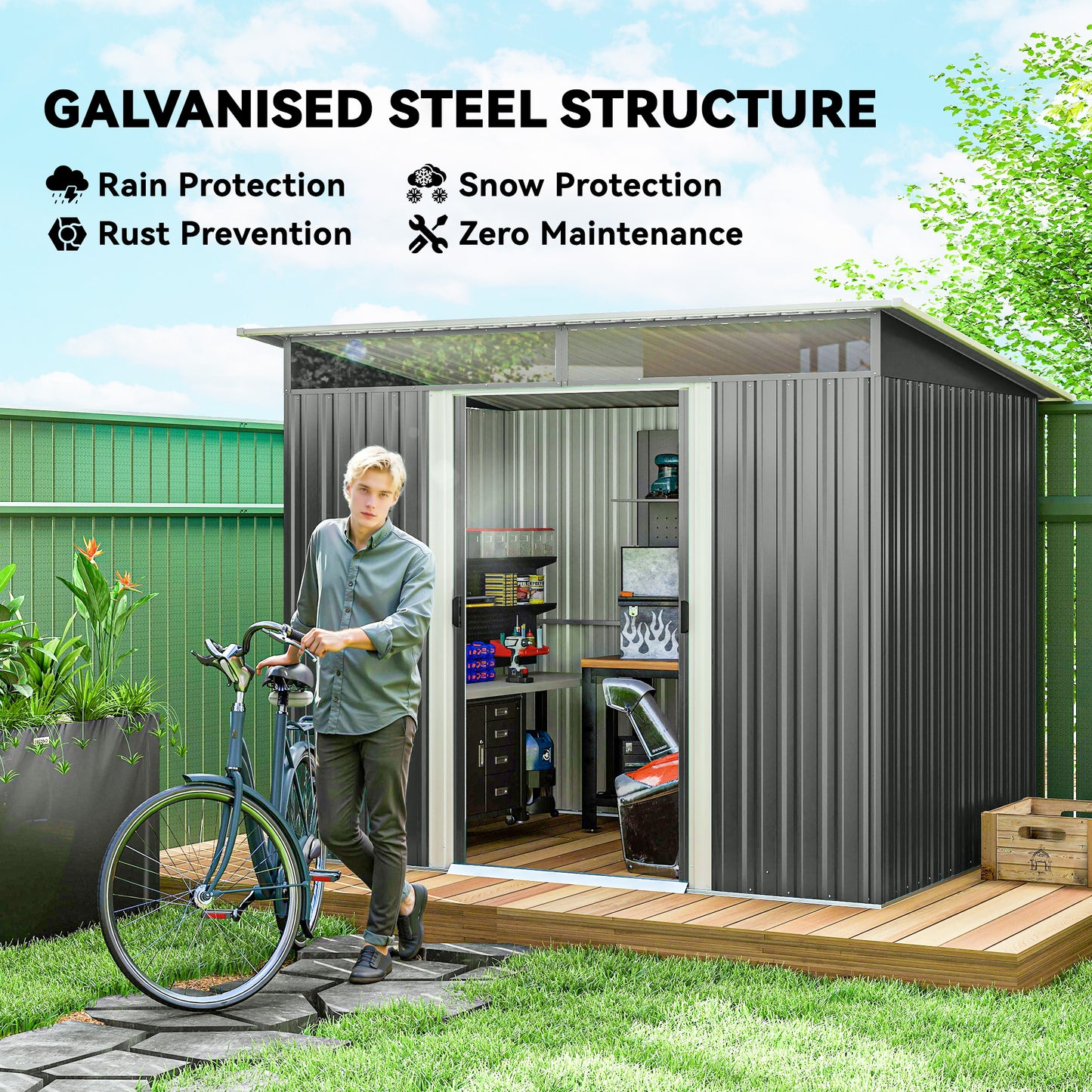 6' x 8.5' Outdoor Metal Garden Shed Utility Tool Storage Steel Backyard House, Dark Grey