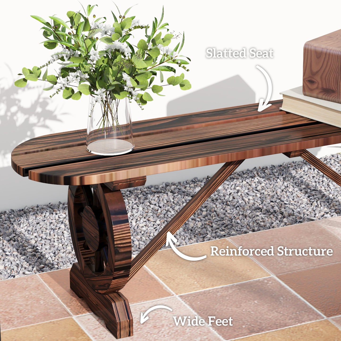 2-Person Outdoor Bench, Wood Garden Bench with Wagon Wheel Legs, Slatted Seat for Patio, Park, Backyard, Natural Wood