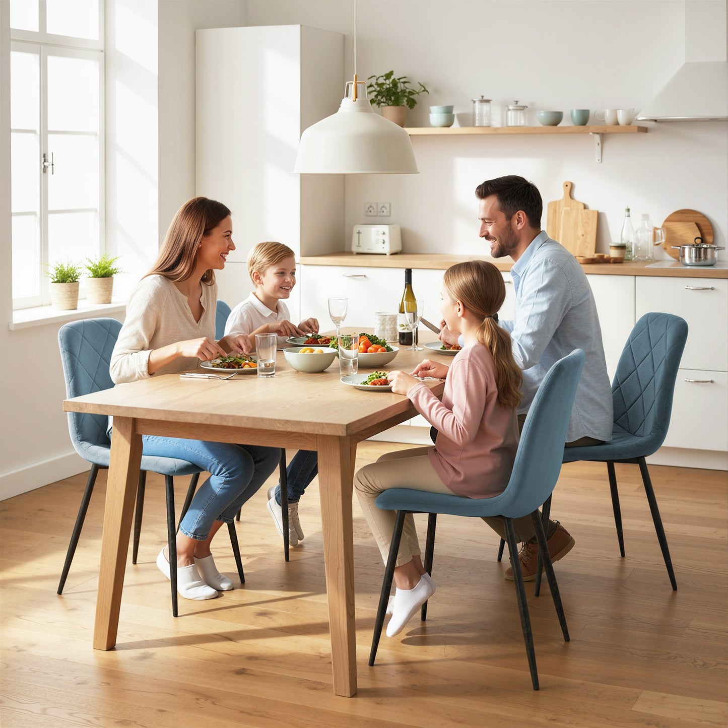 Dining Chairs Set of 4, Upholstered Dining Room Chairs with Steel Legs, Modern Kitchen Chair for Dining Room, Light Blue