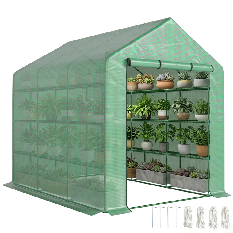 8' x 6' x 7' Walk-In Greenhouse with 18 Shelves & Roll Up Door