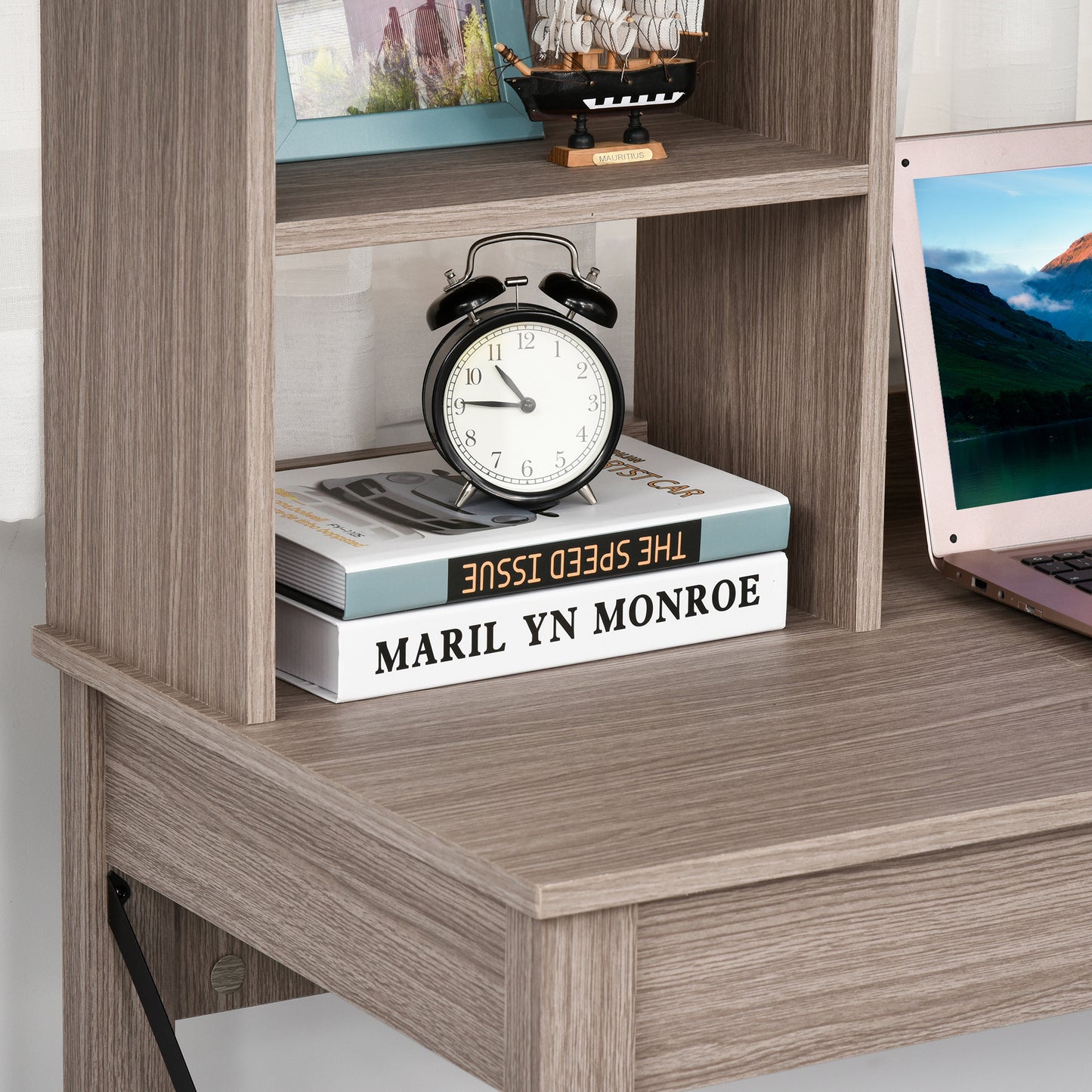 Computer Desk with Hutch, Home Office Table with Storage Shelves and Open Compartments for Writing, Work, Brown