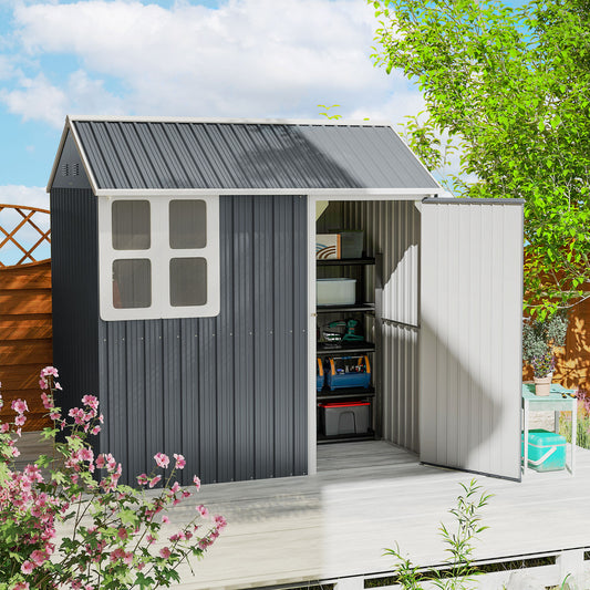 7' x 5.5' Metal Garden Storage Shed, Outdoor Tool Storage House with Lockable Door, Vents, Sloped Roof, Dark Grey