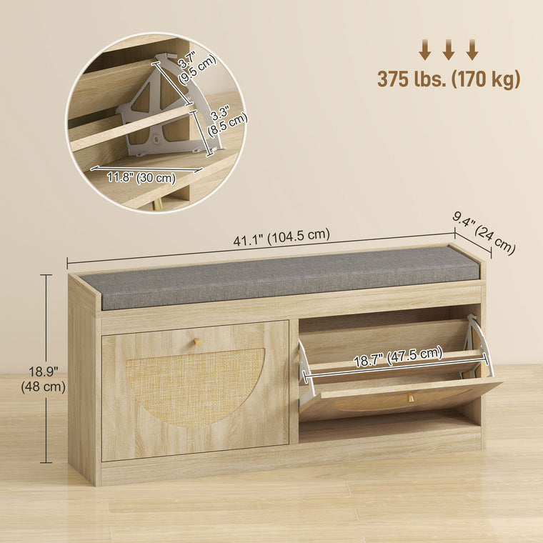 Shoe Bench with Cushion & Flip Doors - Natural Wood