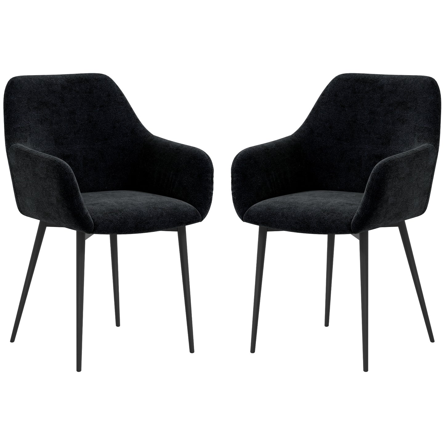 Dining Chairs Set of 2, Velvet-look Fabric Upholstered Kitchen Chairs with Backrest, Armrests and Steel Legs, Black