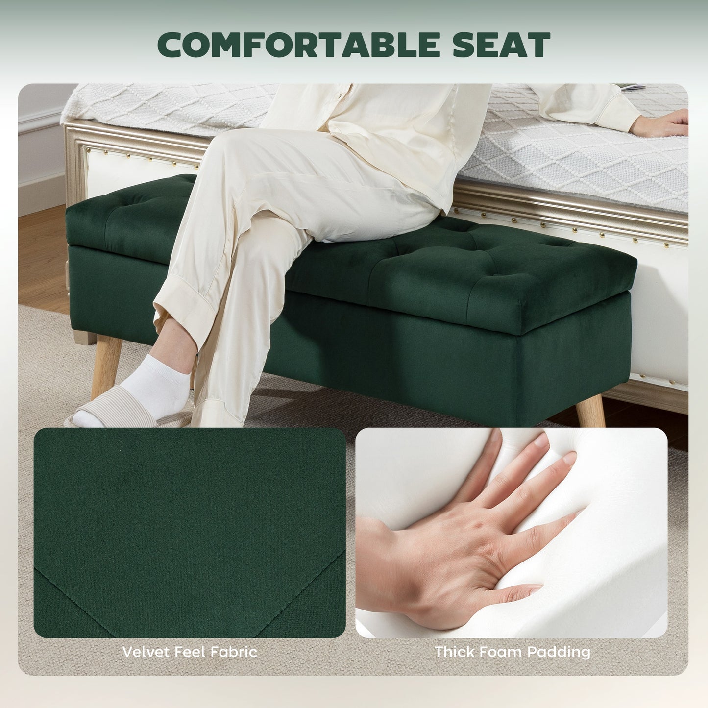 Storage Ottoman with Lid, Velvet Upholstered Storage Bench with Wood Legs for Living Room, Dark Green