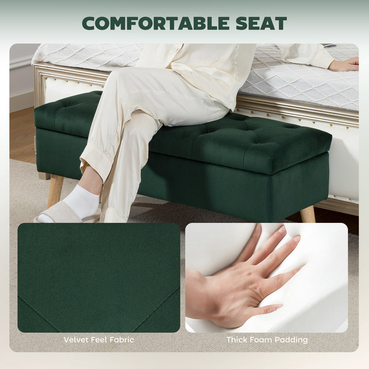 Velvet Storage Ottoman with Wood Legs - Dark Green
