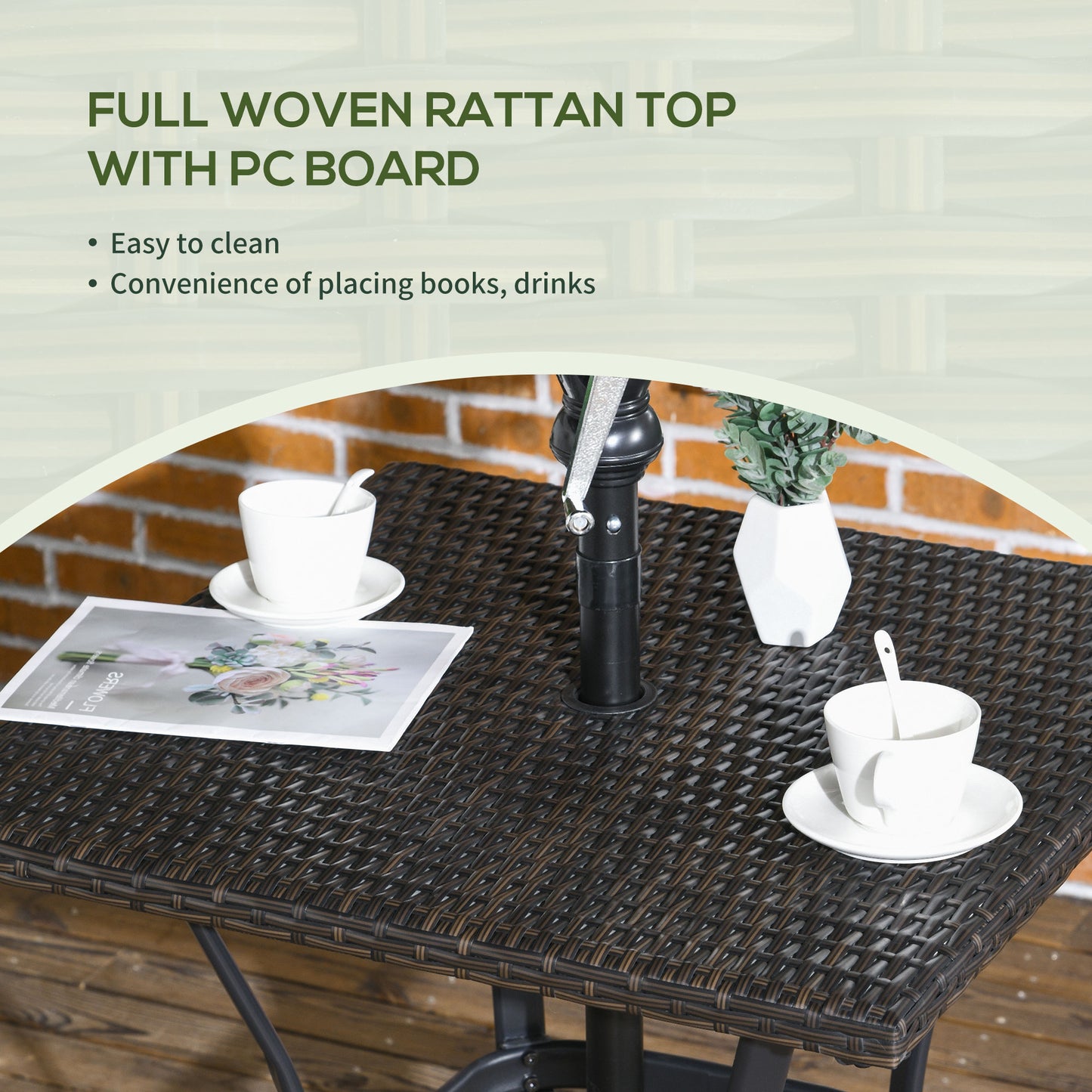 Patio Wicker Dining Table with Umbrella Hole, 34 Inch Outdoor PE Rattan Coffee Table with Plastic Board Under the Woven Table Top for Patio, Garden, Balcony, Mixed Brown
