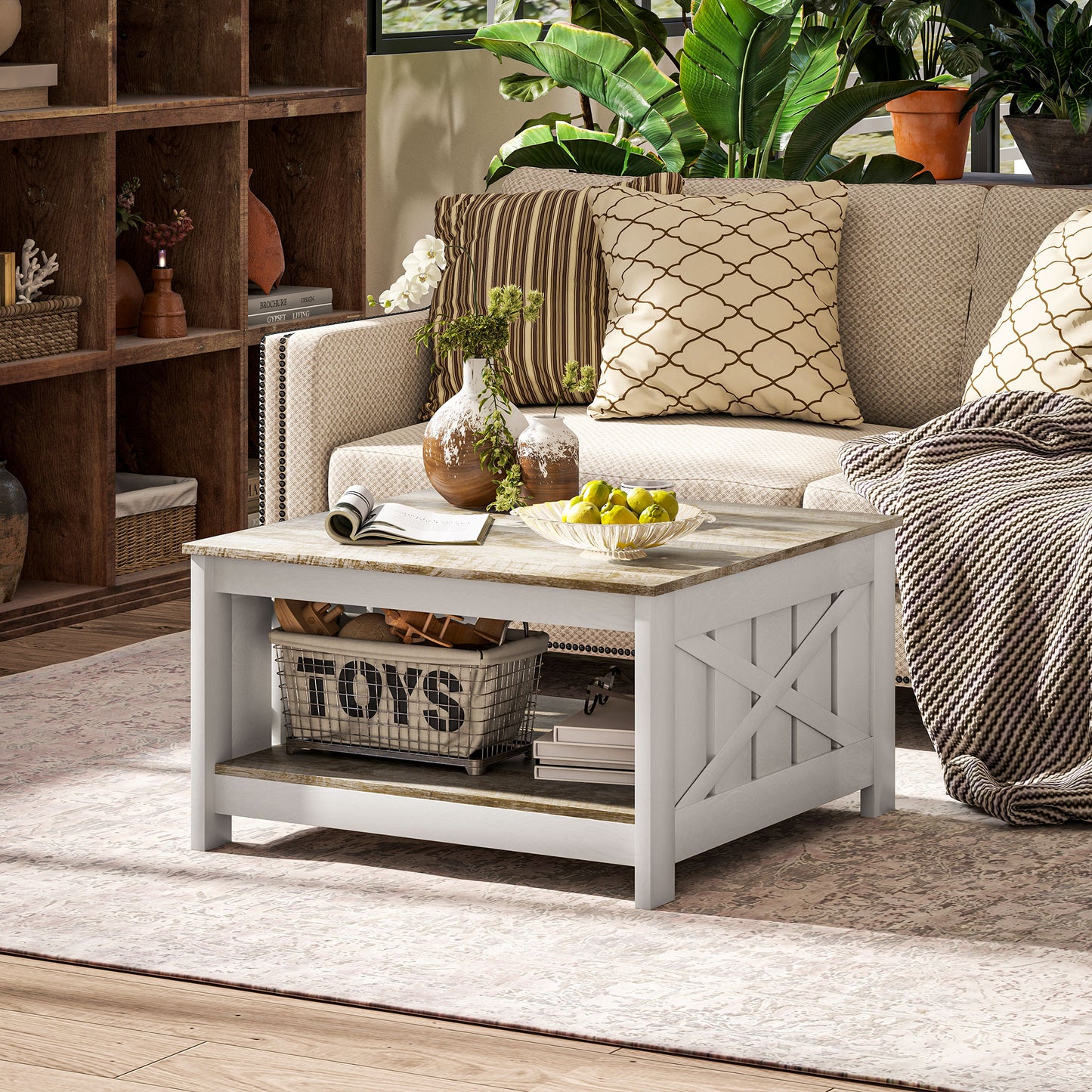 31.5" Square Coffee Table, Farmhouse 2-Tier Center Table for Living Room, Distressed Oak and Brown