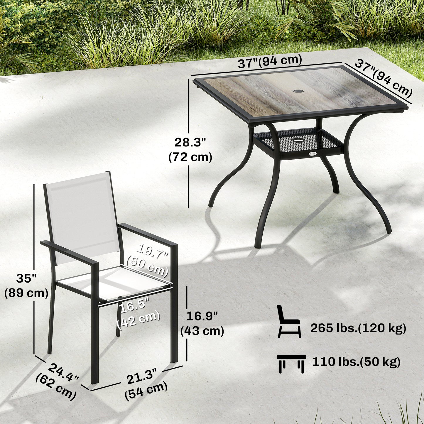 5 Piece Outdoor Patio Dining Set, Dining Table and 4 Stackable Chairs with Umbrella Hole, Shelf