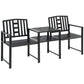 Steel Garden Bench w/ Middle Table, Umbrella Hole, Double Seat for Outdoor, Patio, Backyard Weather-Resistant Frame, Black