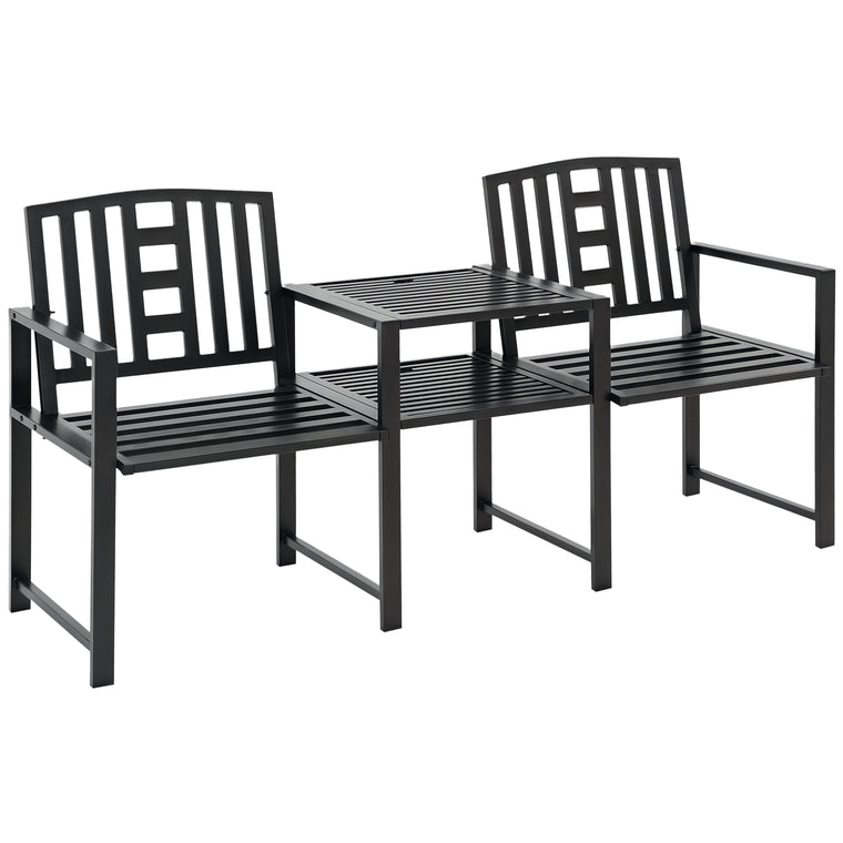 Black Steel Garden Bench with Middle Table