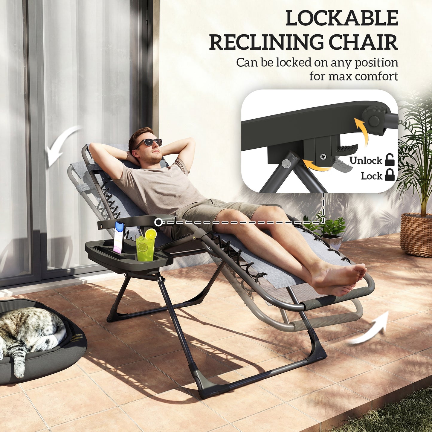 Zero Gravity Chair Set of 2, Folding Reclining Outdoor Lounge Chair with Cup Holder, Headrest, Dark Grey