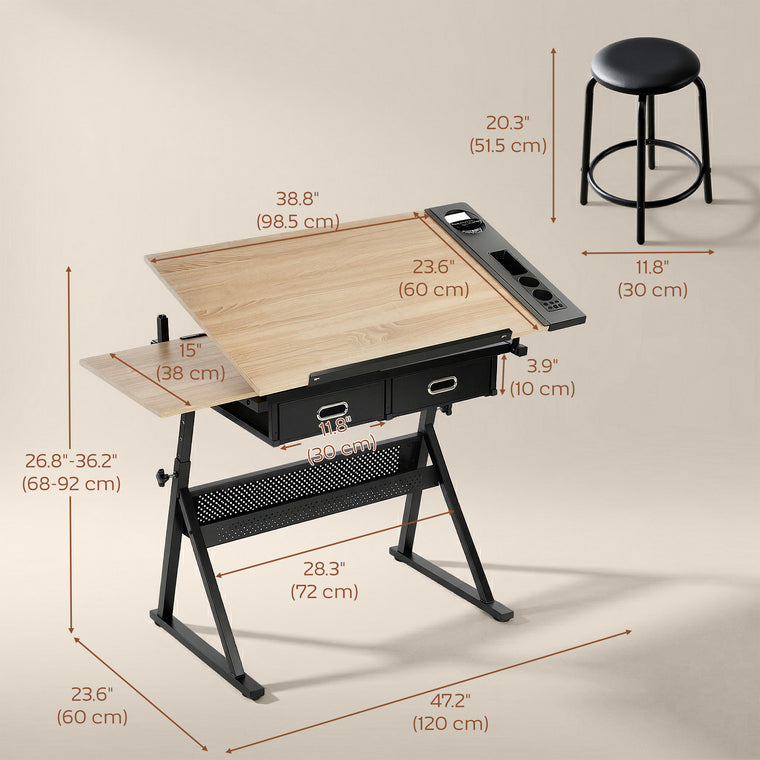 Adjustable Drafting Table with Stool and Storage - Oak