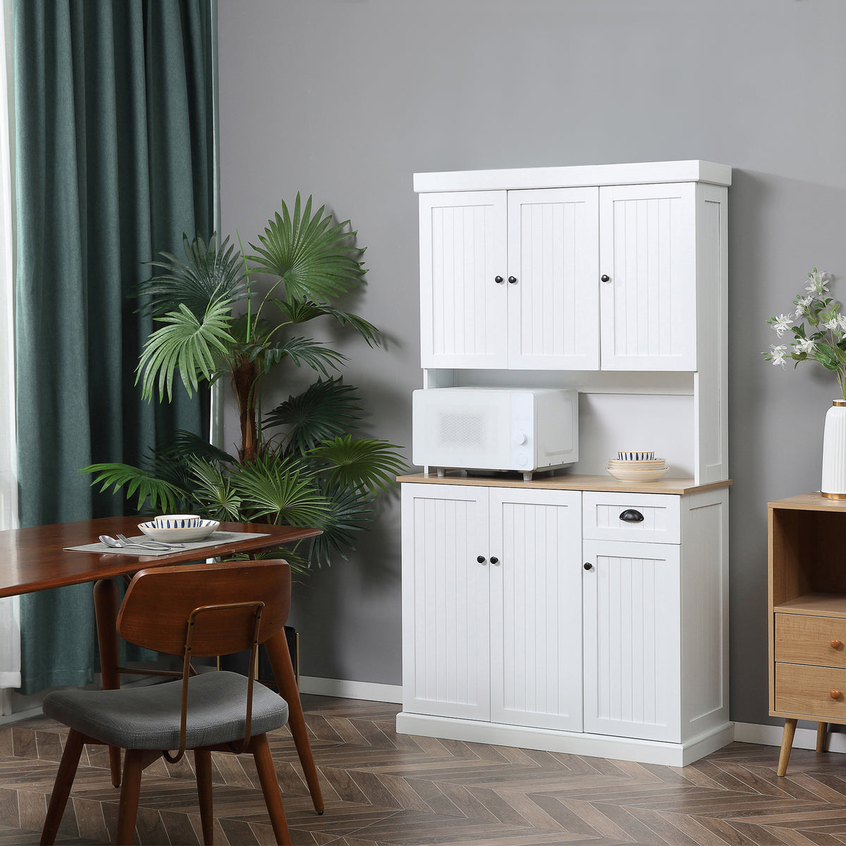 71" Kitchen Pantry Buffet with Hutch Storage Cabinet Microwave Oven Stand with Drawer, White, Oak
