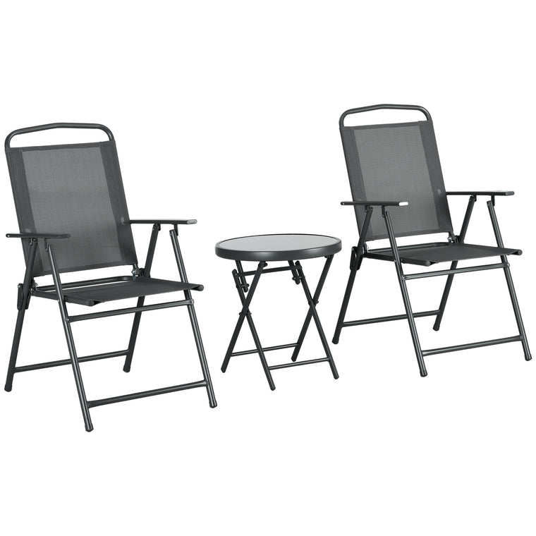 3-Piece Folding Bistro Set with Mesh Chairs and Glass Table