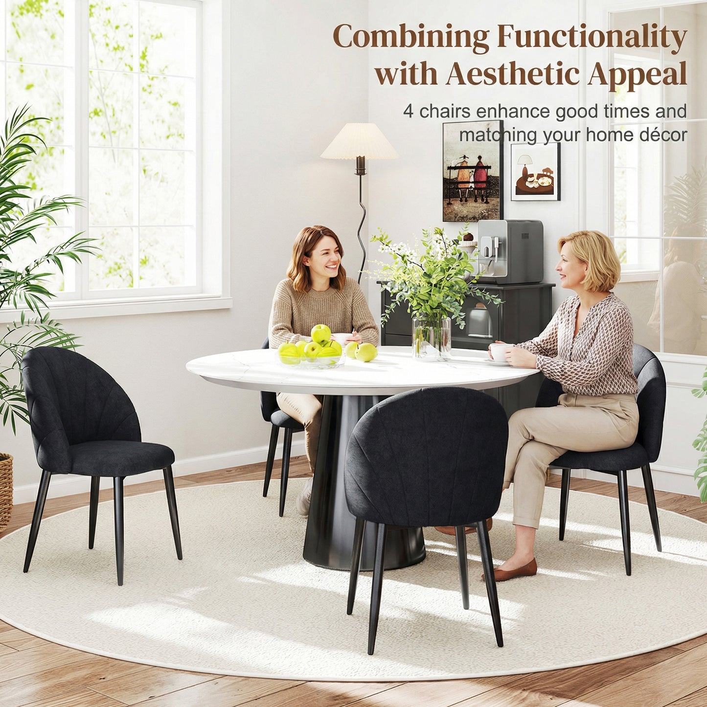 Modern Dining Chairs Set of 4, Upholstered Dining Room Chairs with Metal Legs, Shell Backrest, Padded Seat, Black