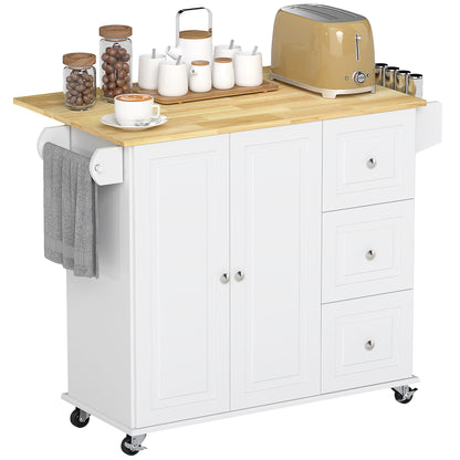Rolling Kitchen Island with Drop Leaf and Drawers - White