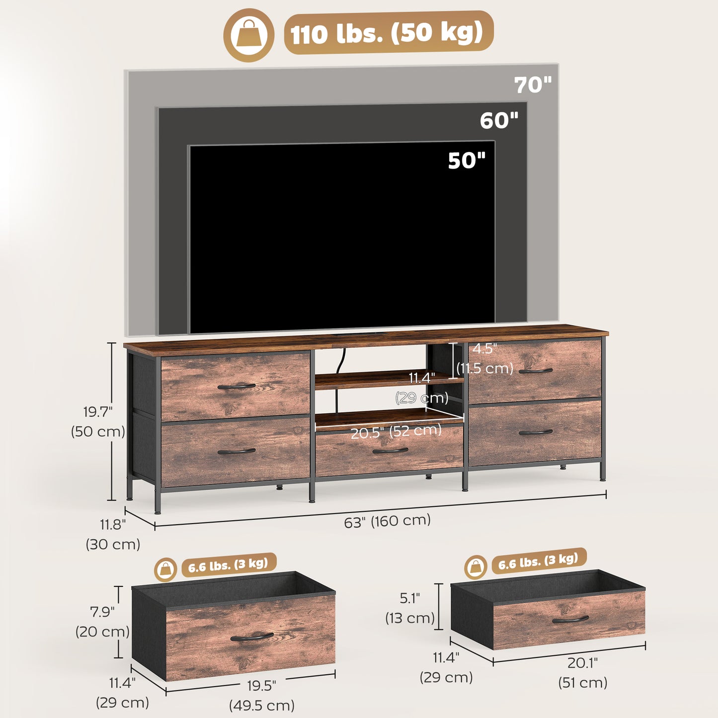 TV Stand for TVs up to 70 Inch, Industrial TV Console with Charging Station, 5 Drawers and Open Shelves, Rustic Brown