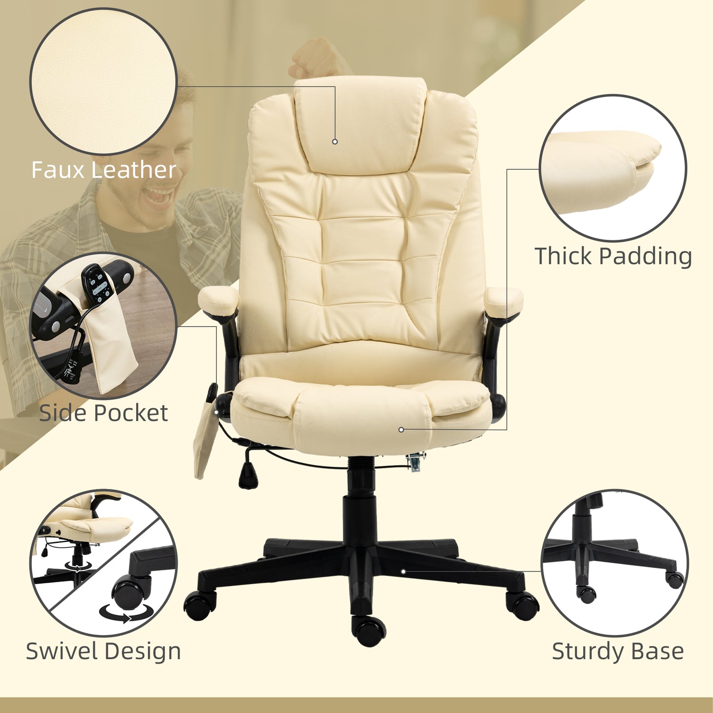 Heated Massage Office Chair, Ergonomic High Back Swivel Executive Chair with Vibration, Leather, Beige
