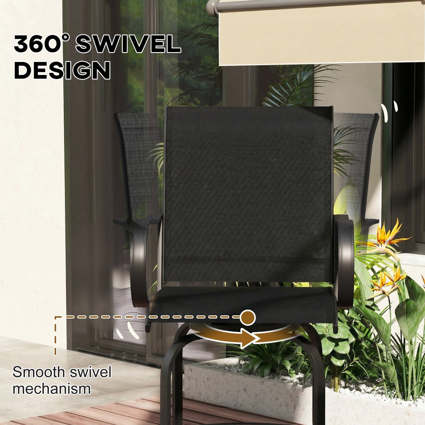 Outdoor Bar Stools Set of 2, 360° Swivel Bar Height Chairs, 26.8" x 29.5" x 48.4", Black