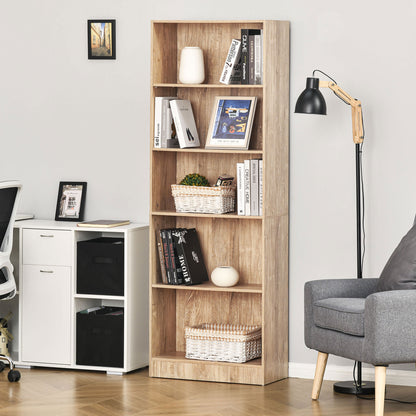 5-Tier Bookcase with Adjustable Shelves - Natural Wood