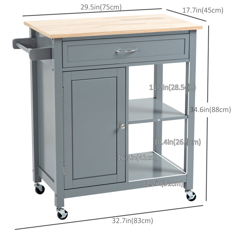 Rolling Kitchen Cart with Wood Top and Drawer - Grey