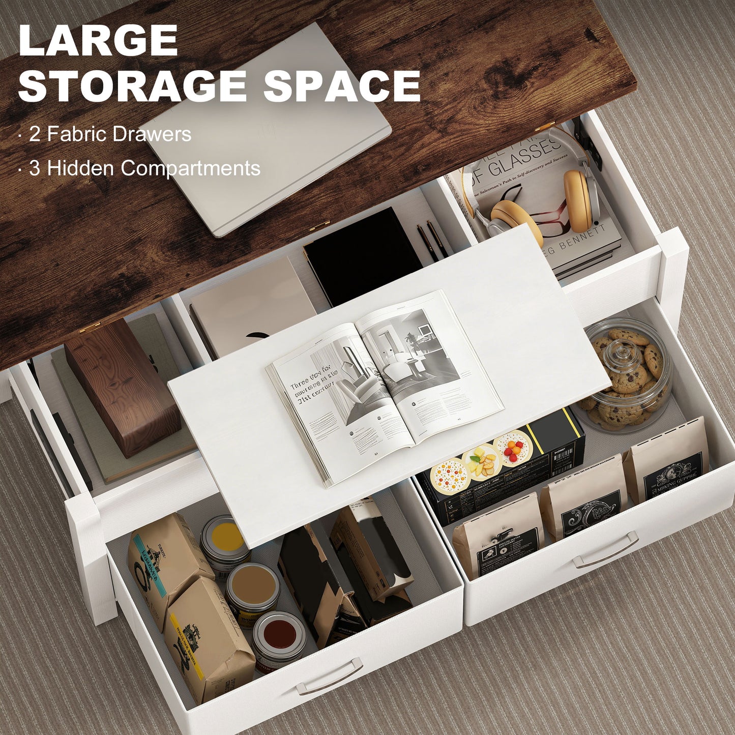 Lift Top Coffee Table, Center Table with 3 Hidden Compartments, 2 Fabric Drawers, Expandable Top and Charging Station