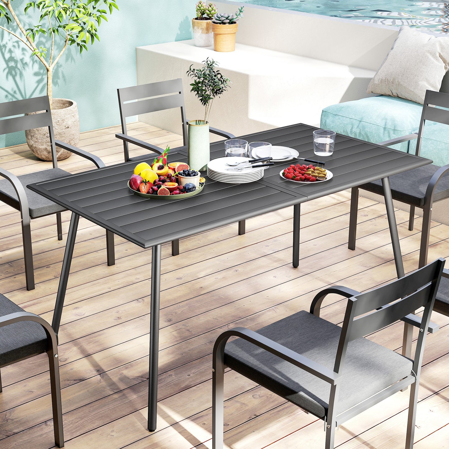 Rectangle Patio Dining Table for 6 Person, Metal Steel Slat Outdoor Table, for Lawn, Garden, 59" x 31.5" x 29", Grey