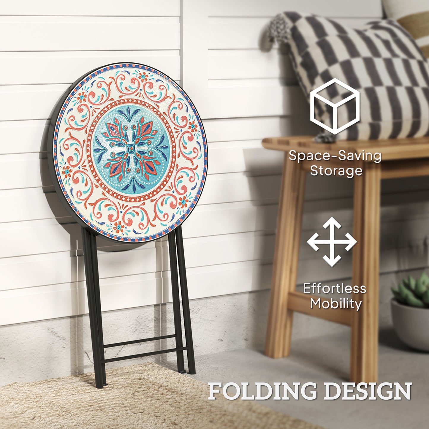 Mosaic Outdoor Patio Side Table, 14" Round Folding Outdoor Coffee Table with Steel Frame for Balcony Deck Patio Terrace, Mixed Colour