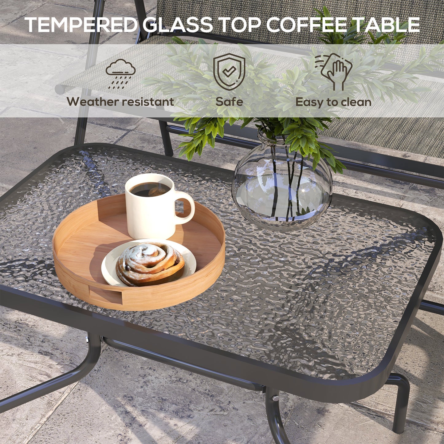 Outdoor 4 Pieces Patio Furniture Set, Garden Set with Two Foldable Armchairs, a Loveseat & Glass Top Table, Mixed Grey
