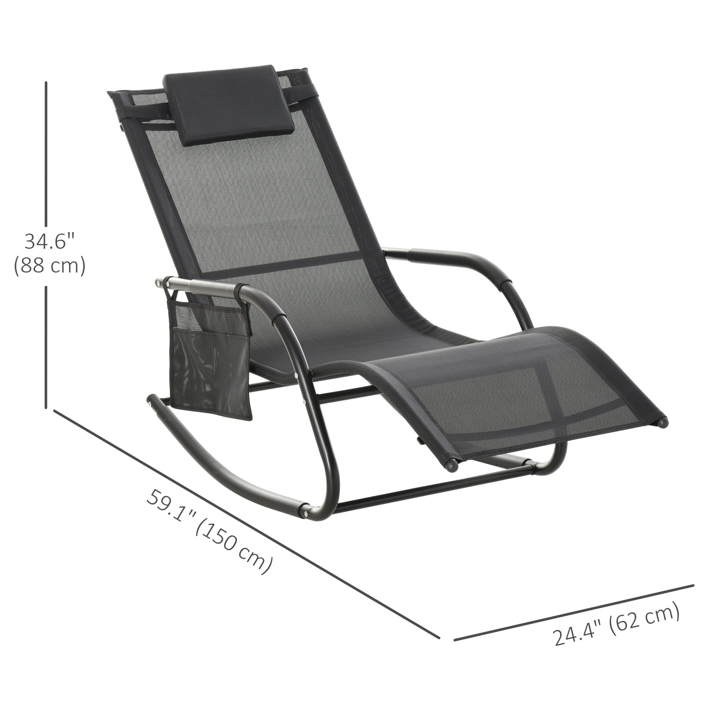 Patio Rocking Chair with Mesh Fabric, Outdoor Rocking Sling Sun Lounger with Removable Headrest and Side Pocket for Garden, Deck, Lawn, Black
