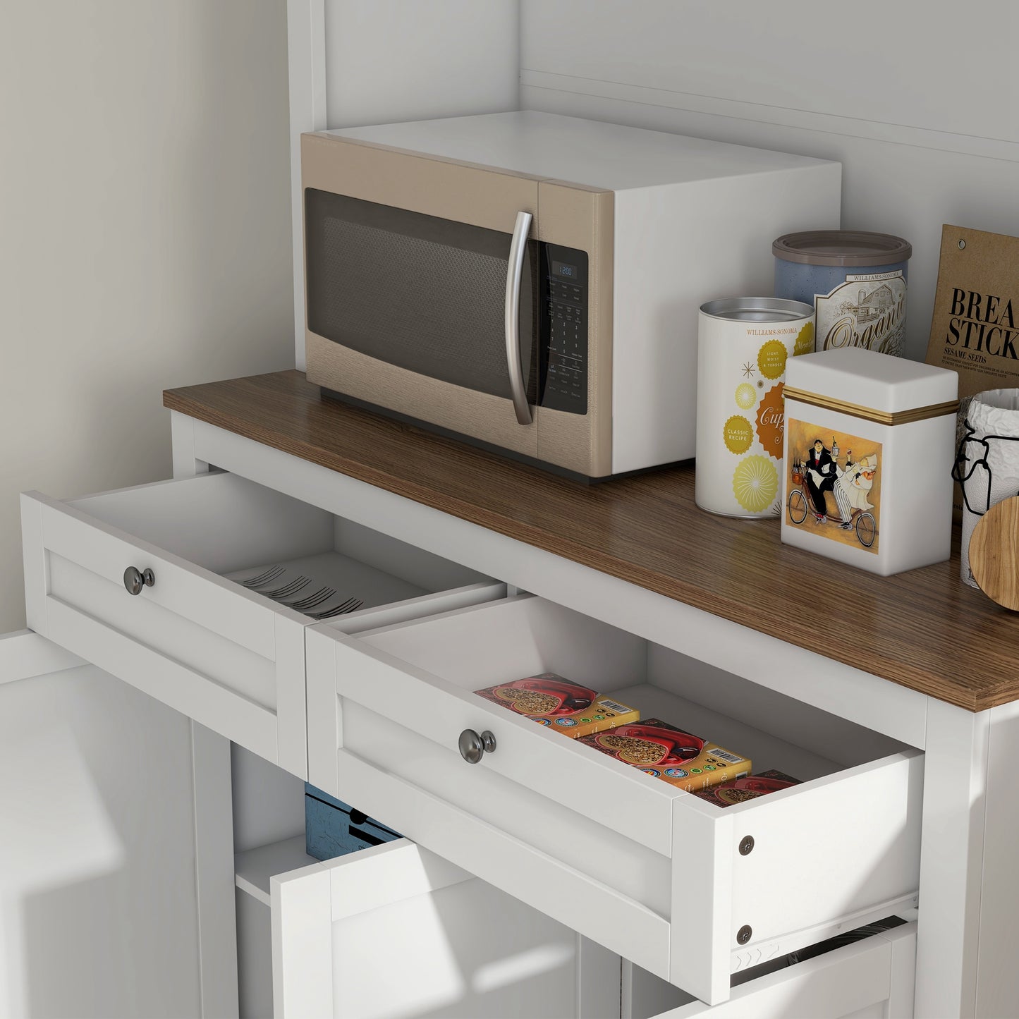71" Pantry Cabinet with Microwave Space, Buffet with Hutch, 2 Drawers, Adjustable Shelves and Glass Doors, White