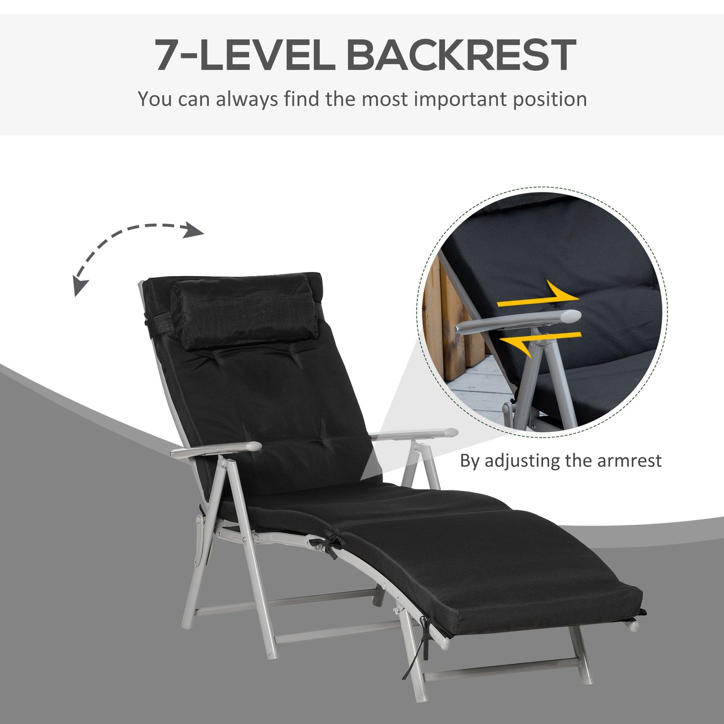 Outdoor Folding Chaise Lounge Chair Recliner with Portable Design, Adjustable Backrest, Cushion and Headrest, Black