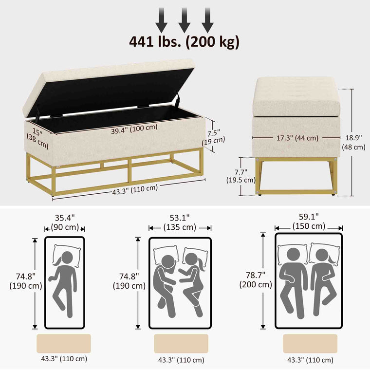 Linen Storage Bench Ottoman with Steel Legs - Beige
