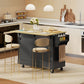 Kitchen Island Cart with Charging Station and Drop Leaf, Kitchen Island Table on Wheels with Trash Can Cabinet, Black