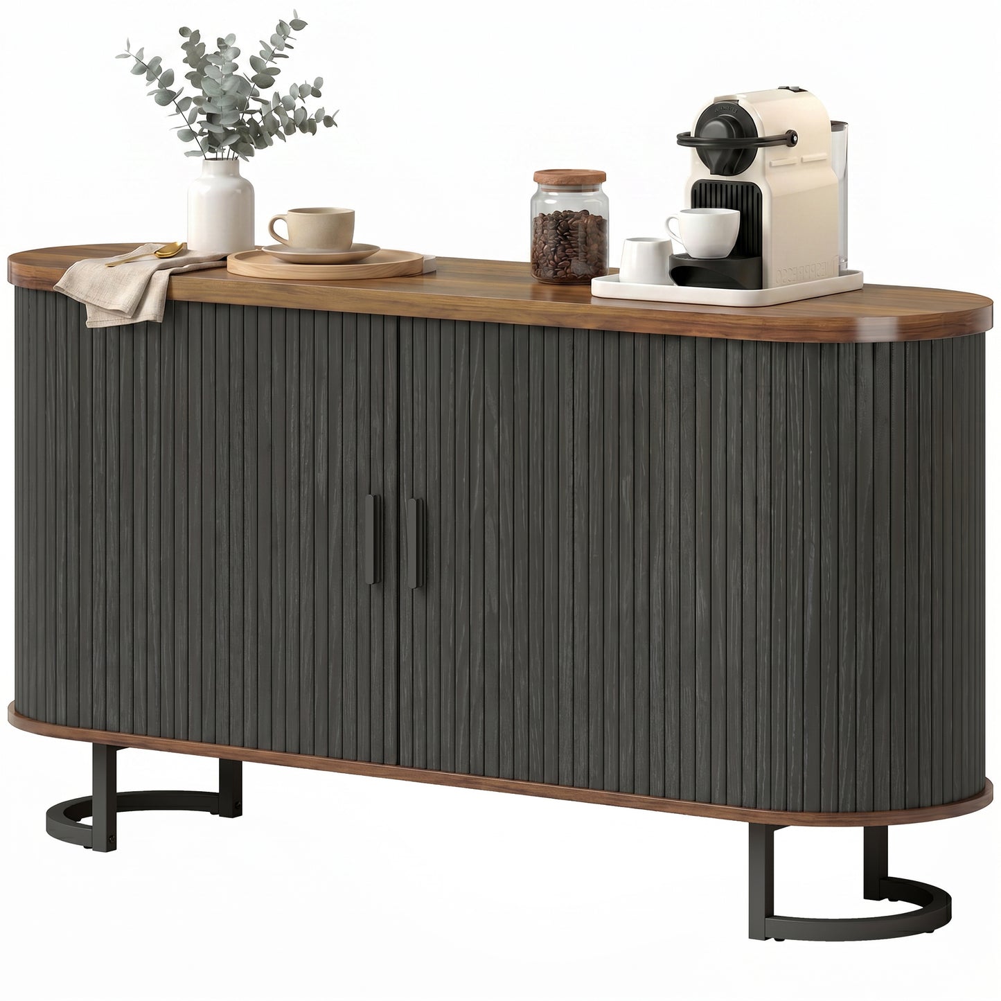 Fluted Sideboard Buffet Cabinet, 55" Modern Coffee Bar Cabinet with Sliding Doors and Adjustable Shelves, Black