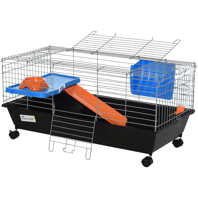 Black Rolling Bunny & Guinea Pig Cage with Platform & Ramp