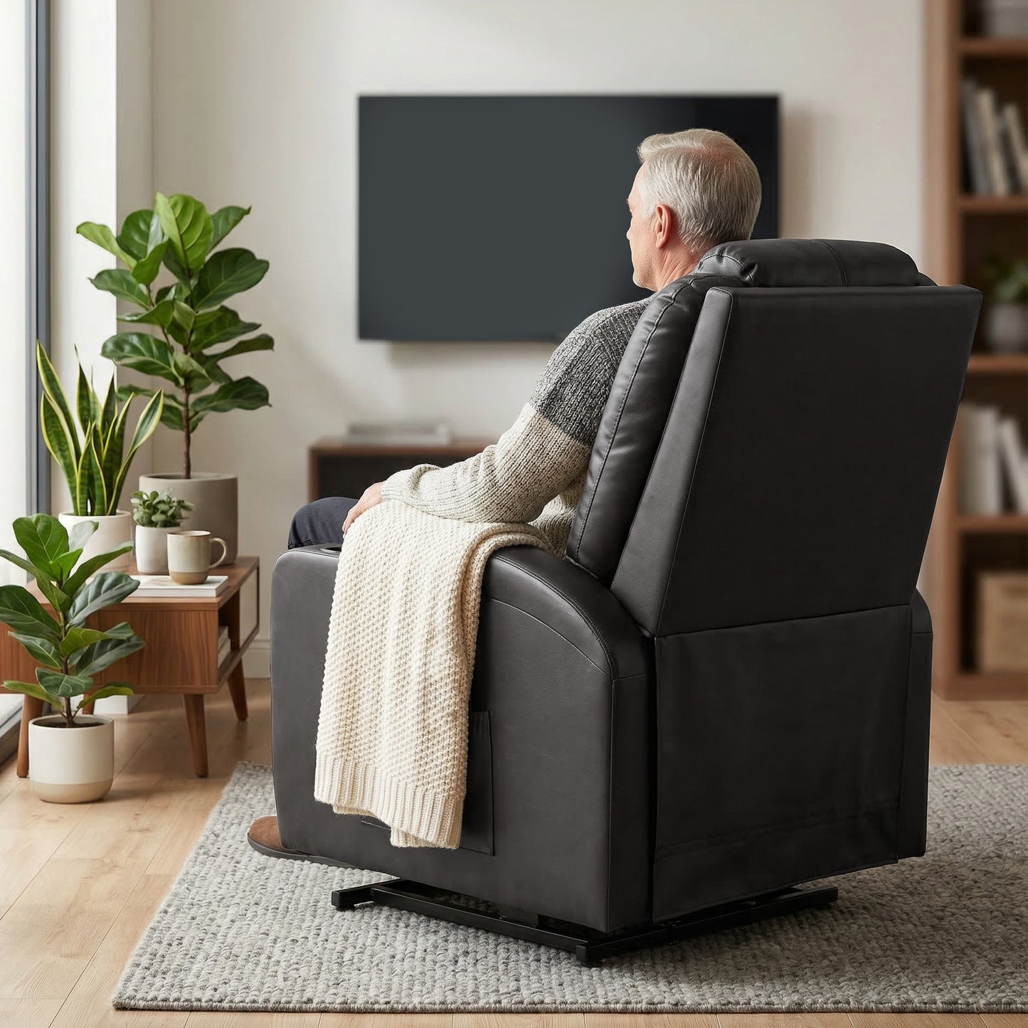 Power Lift Recliner Chair for Elderly, PU Leather Lift Chair with Thick and High Back, Footrest, Remote, Side Pockets, Cup Holders, Reclining Sofa for Living Room, Black