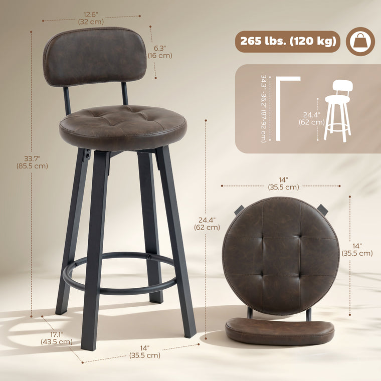 Upholstered Bar Stools Set of 2 with Backrest - Brown